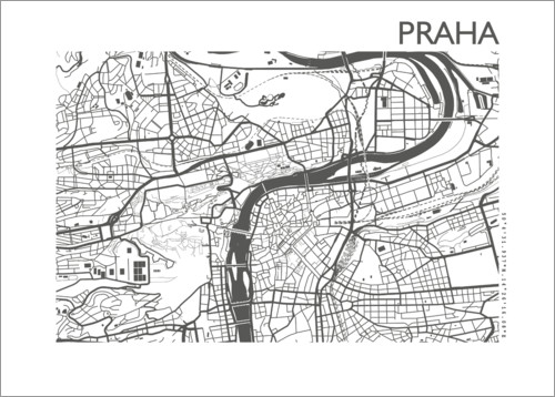 Póster Mapa de Praga horizontal en blanco y negro