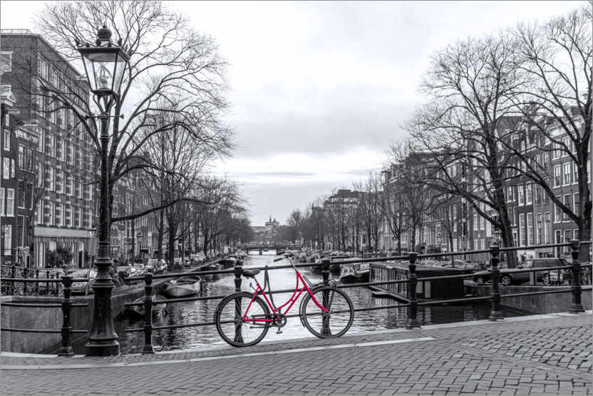 Póster Bicicleta roja en Ámsterdam
