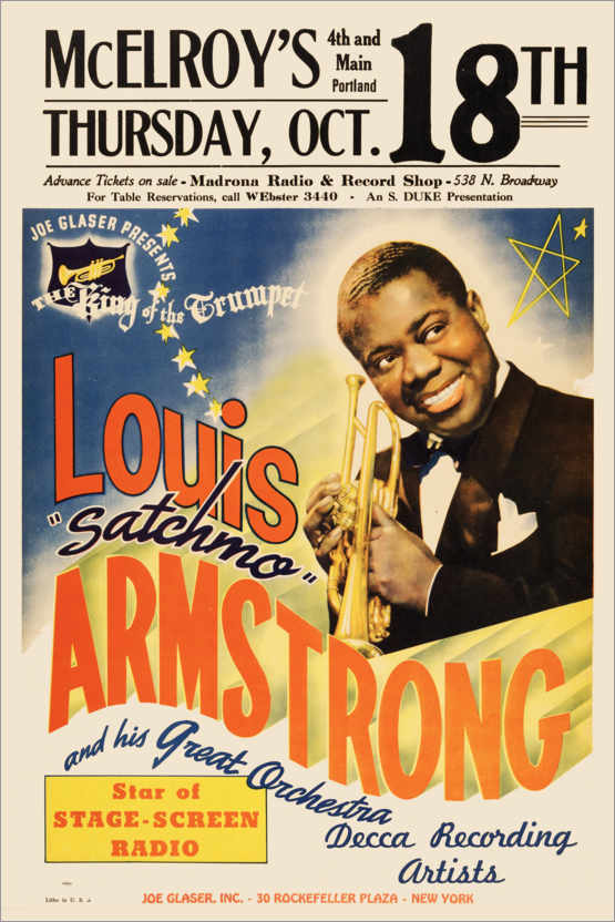 Póster Louis Armstrong en Parker Auditorium
