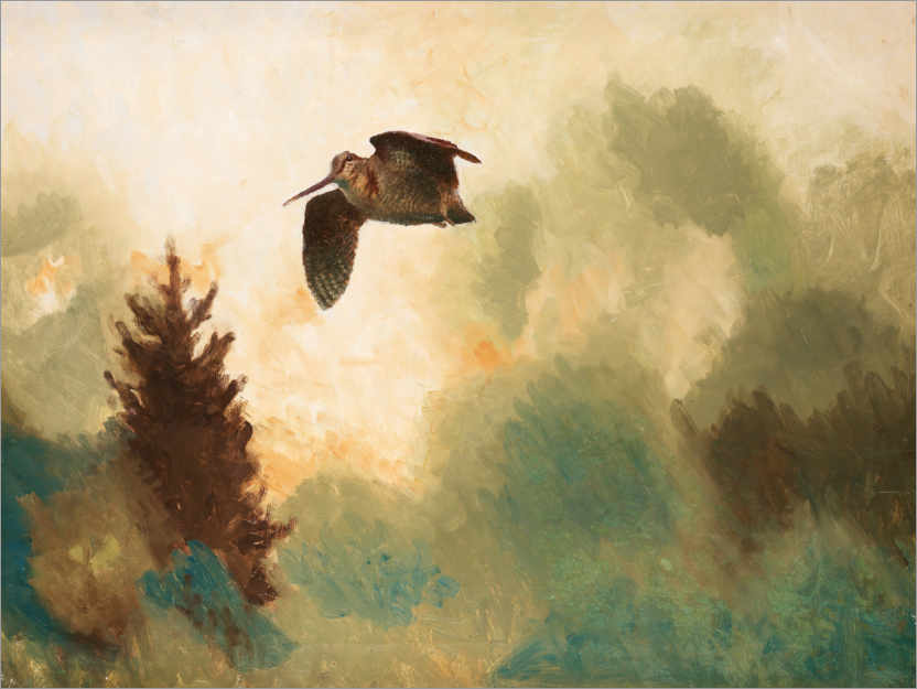 Póster Paisaje con ave sobrevolando