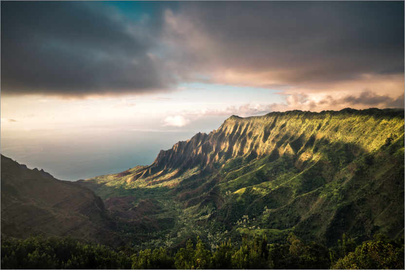 Póster Puesta de sol sobre la costa de Na Pali, Hawaii