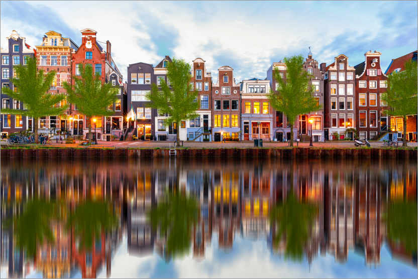 Póster Hermosas casas del canal en Ámsterdam, Holanda