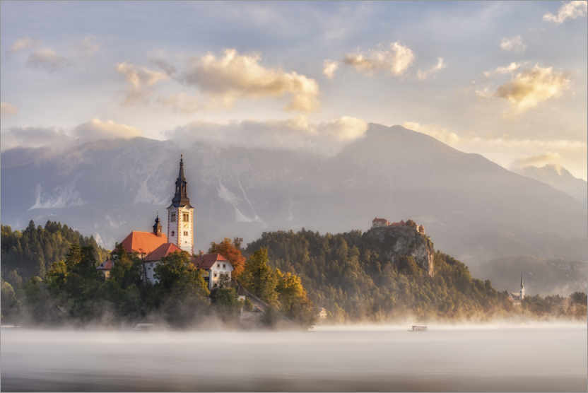 Póster Luz de la mañana en el lago Bled