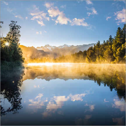 Póster Amanecer en el lago Matheson, Nueva Zelanda