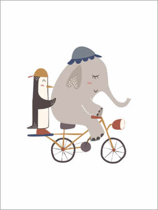 Póster  Elefante y pingüino en bicicleta - Marta Munte