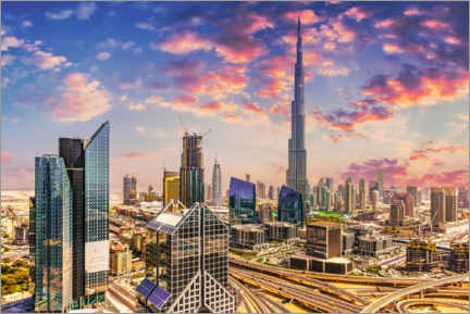 Lienzo  Horizonte de Dubai - Sheikh Zayed Street y Burj Khaifa con nubes - HADYPHOTO