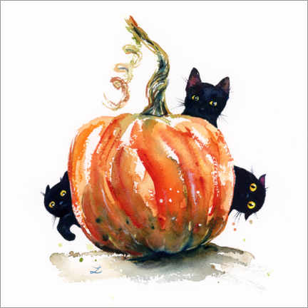 Cuadro de madera  Three Black Kittens and Pumpkin - Zaira Dzhaubaeva