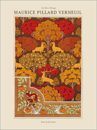 Póster  Designs for wallpaper and wallpaper border Deer in the Trees and Squirrel with Birds and Mountain - Maurice Pillard Verneuil
