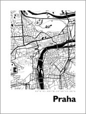 Póster Mapa de Praga en blanco y negro