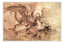 Póster  Combate entre un dragón y un león - Leonardo da Vinci