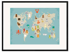 Impresión de arte enmarcada  Mapa del mundo con animales - Petit Griffin