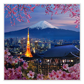Póster  Torre de Tokio y Monte Fuji