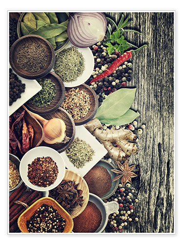 Póster Spices And Herbs On Rusty Old Wood
