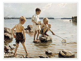 Póster Muchachos jugando en la orilla