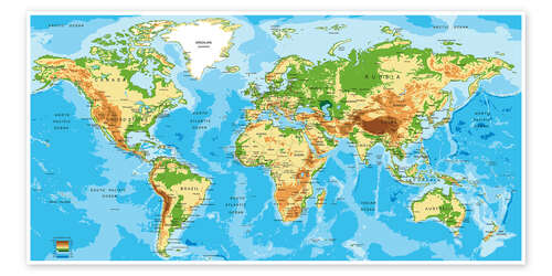 Póster Mapa del mundo físico (en inglés)