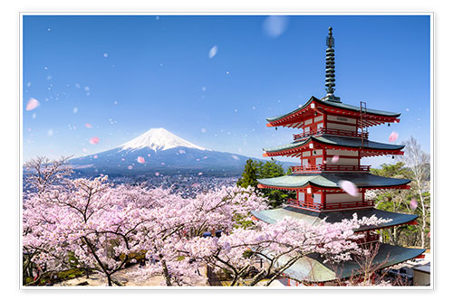 Póster Pagoda Chureito y Monte Fuji en primavera, Japón