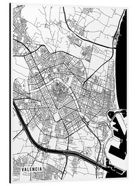 Cuadro de aluminio  Mapa de Valencia en blanco y negro II - Main Street Maps