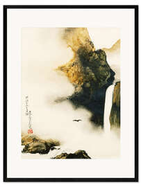 Impresión de arte enmarcada  Paisaje con cascada y pájaro - Shibata Zeshin
